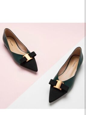Caparros Pointed Toe Green Flats with Black Bow and Gold Accent